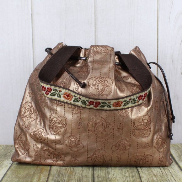 Original by Sharif Gold Vegan Leather Embroidered Drawstring Tote Shoulder Bag - Picture 6 of 13